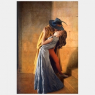 Ode to Hayez’ The Kiss: The Kiss is one of the most notorious paintings to show lovers’ caught in a deep embrace. It is a work that evokes a sense of intense romantic passion. Hayez, born in 1791, considered The Kiss to be one of his best compositions, for he brought together the main characteristics of Italian Romanticism, namely naturalness and sentiment. Indeed, the great sensuality that exudes from the lovers’ embrace can be linked to the fact that the model, Carolina Zucchi, was also Hayez’ lover. The Kiss was presented at the Exhibition of Brera in 1859, only three months after the triumphal entrance of Vittorio Emanuele II and Napoleon III in Milan. This event cannot be underestimated in the influence it had on the image, as the colors that Hayez used represented the alliance between France and Italy. This alliance, otherwise known as the Plombiéres Agreement, marked the ending of the Second War of Independence and the birth of the Italian nation.